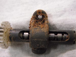 Shimano Scorpion before service — heavy buildup on line guide